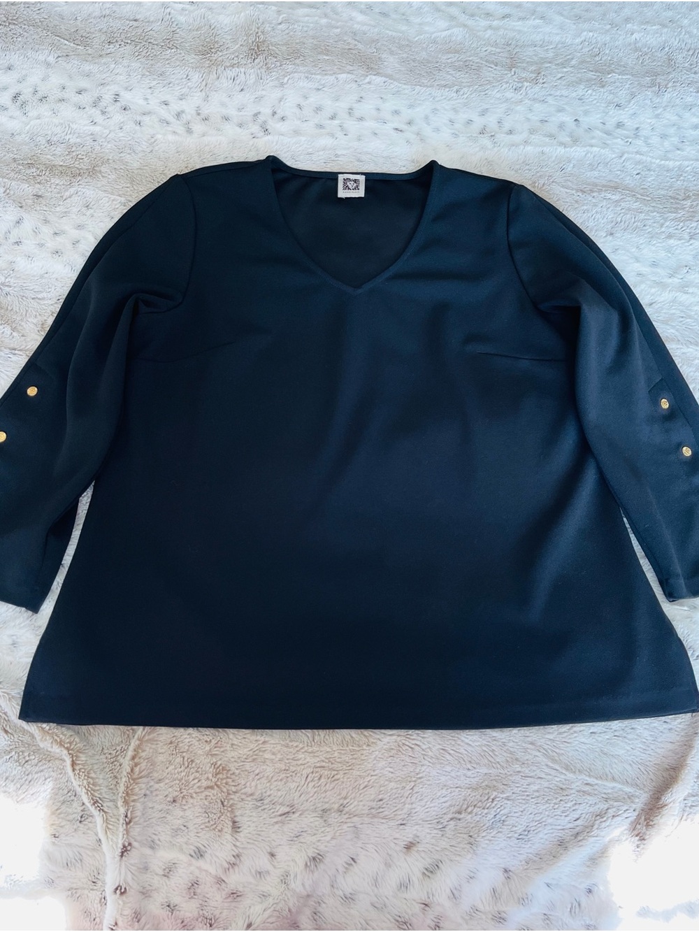 Anne Klein Black V-Neck Tunic with Gold Accent Buttons